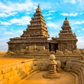 monolithic famous Shore Temple near Mahabalipuram, world heritage site in Tamil Nadu, India, close up