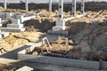 Monolithic reinforced concrete foundation for the construction of a residential building. Rostverk at the construction site. Royalty Free Stock Photo