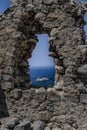 Monolithos knights castle overlooking the Mediterranean sea from hilltop. Royalty Free Stock Photo