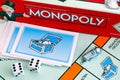 Monopoly Board Game box, Community Chest Cards, tokens, dices on Royalty Free Stock Photo