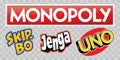 Popular Board Games. Monopoly, Skip- bo, Jenga, UNO. Vector editorial icons