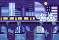 Monorail metro train on bridge in megapolis futuristic night panorama - Vector illustration in flat stile Royalty Free Stock Photo