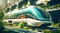 Monorail train, futuristic design, elevated road against the sky with silhouettes of skyscrapers in the background, Lots of