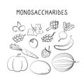 Monosaccharides-containing food. Groups of healthy products containing vitamins and minerals. Set of fruits, vegetables Royalty Free Stock Photo