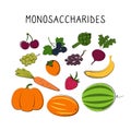 Monosaccharides-containing food. Groups of healthy products containing vitamins and minerals. Set of fruits, vegetables