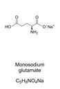 Monosodium glutamate molecule, sodium glutamate skeletal formula