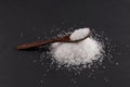 Monosodium glutamate Msg in a wooden spoon on a dark background. Food supplement E621. Taste seasoning to enhance the food Royalty Free Stock Photo