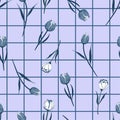 Monotone blue Seamless hand drawn blooming tulip flowers on grid line check background. Vector summer design for fashion fabric