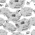 Monotone on grey Vector seamless pattern. hand drawn graphic style. Vintage. Illustration of beautiful flowers oriental mood