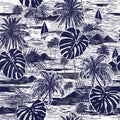Monotone vector hand drawn on navy blue seamless island pattern on white background