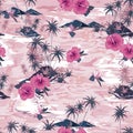 Monotone vintage pink of beautiful island summer paradise with blooming hibiscus flowers,palm tree and exotic plants design for