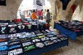 A market stall selling t-shirts in the bastide town of Monpazier in France