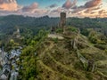 Aerial view of Philippsburg castle above Monreal in Germany with tall keep sunset sky Royalty Free Stock Photo