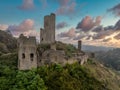 Aerial view of Philippsburg castle above Monreal in Germany with tall keep sunset sky Royalty Free Stock Photo
