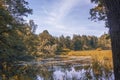 Monrepos park in autumn season. Forest and lake. Vyborg, Russia