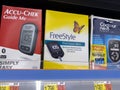 Monroe, WA USA - circa December 2022: Close up view of blood glucose testing products for sale inside a Walmart retail store