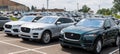Monroeville, Pennsylvania, USA July 18, 2021 Jaguar SUVs parked together in a parking lot at a dealership
