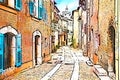 Mons, Var, Provence, France: watercolor painting of the old town