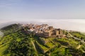 Monsaraz drone aerial view on the clouds in Alentejo, Portugal