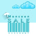 Monsoon offer and sale banner, flyer or poster with rain and open umbrella concept