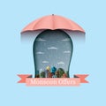 Monsoon offers banner backgroud with umbrella and city.Flat design vector illustration.