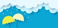 Monsoon poster. Clouds, rain and umbrella on blue background. Vector illustration Royalty Free Stock Photo