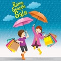 Rainy Season Sale, Boy And Girl Under Umbrella Jumping Playfully