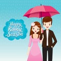 Couple Under Umbrella Together In The Rain, They Happy Rainy Sea