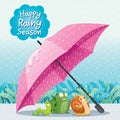 Snail, Frog And Worm Under Umbrella On Ground Together In The Ra Royalty Free Stock Photo