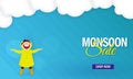 Monsoon Sale Banner Design with Cheerful Boy Enjoying Rainfall in Raincoat on Clouds Blue