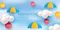 Monsoon Sale offers banner template header with realistic clouds and colorful umbrellas in the sky. Vector Royalty Free Stock Photo