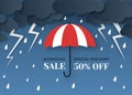 Monsoon sale. Paper cut origami style umbrella, rain and clouds. Thunderbolt, storm weather, best season offer Royalty Free Stock Photo