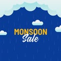 Monsoon Sale Poster Design With Cloud Rainfall On Blue