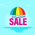 Monsoon Sale Poster Design with Colorful Umbrella on Cyan Rainfall