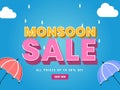 Monsoon Sale Poster Design with Two Umbrella, Clouds, Rain Drops on Blue Royalty Free Stock Photo