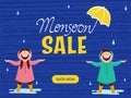 Monsoon Sale Poster Design With Umbrella And Cheerful Kids Enjoying Rain On Blue Stripe Texture