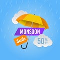 Monsoon sale. Season promotional offers, shop banner. Web header design with umbrella and raindrops advertise discount