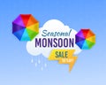 Monsoon sale. Season rainy and umbrella promotional design template for banner and label, web header and shop advertise