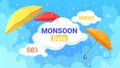 Monsoon sales, promotion offer banner, yellow, red and orange umbrellas in rainy weather Royalty Free Stock Photo