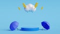 Monsoon season offer and sale banner. Cylinder podium, umbrella,cloud and thunder.3D render illustration