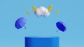 Monsoon season offer and sale banner. Podium, umbrella,cloud and thunder.3D render illustration