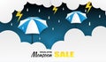 Monsoon season sale. design with raining drops,thunder, umbrella and clouds on blue background.