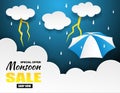 Monsoon season sale. design with raining drops,thunder, umbrella and clouds on blue background.