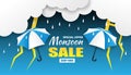 Monsoon season sale. design with raining drops,thunder, umbrella and clouds on blue background.