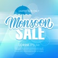 Monsoon Season Sale special offer banner with hand drawn lettering and umbrella for business, promotion and advertising. Royalty Free Stock Photo