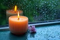 Monsoon serenity flame burning aroma candle by rain streaked window