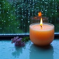 Monsoon serenity flame burning aroma candle by rain streaked window