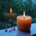 Monsoon serenity flame burning aroma candle by rain streaked window