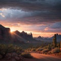 A monsoon storm approaches Superstition Mountain in Apache Junction, Arizona made with Generative AI