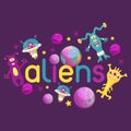 Monster alien poster, banner vector illustration. Cartoon monstrous character, cute alienated creature or funny gremlin